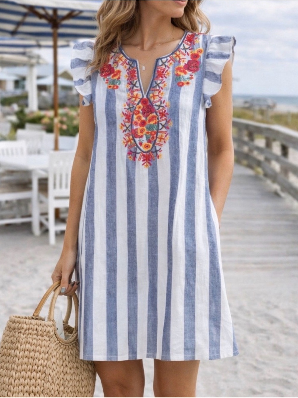 THML Embroidered Striped Chambray Boho Flutter Sleeve Dress Size Medium - Picture 2 of 8